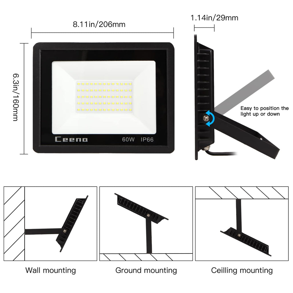2 Pack 60W Plug in LED Flood Light Outdoor, 6000lm Super Bright Floodlight with Switch and 5.9FT Wire, IP66