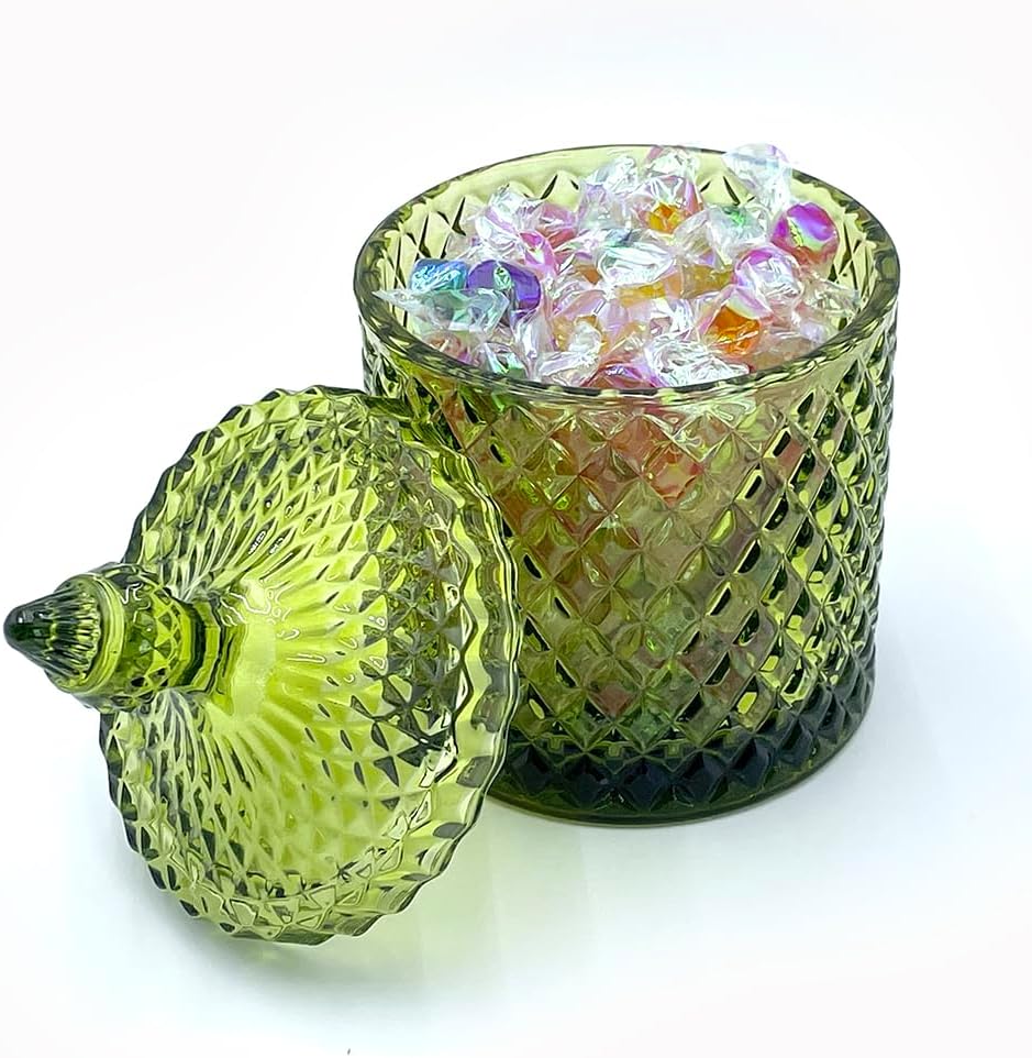 20 oz Olive Green Glass Candy Dish with Lid-Display Decorative Jar for Makeup Brush Holder,Q-Tip Storage,Cotton