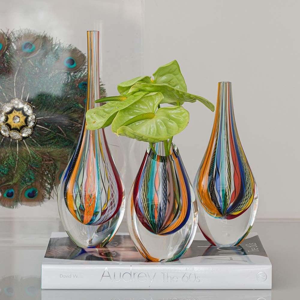 Murano Style Art Glass Drop Vase Hand Blown Colored Boho Effect Home Decor | Hand Blown Glass Drop, Decorative Table