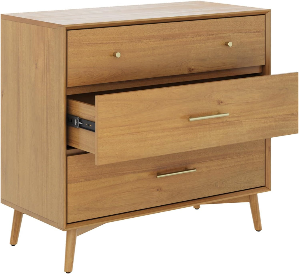 Harper Mid Century Modern Dresser, Solid Wood Dresser with 3 Drawers and Metal Drawer Pulls, Light Acacia