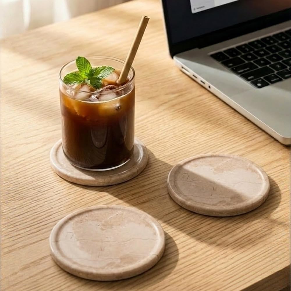 Round Marble Coasters with Holder - Verona Stone 3.5 Inch - Set of 6