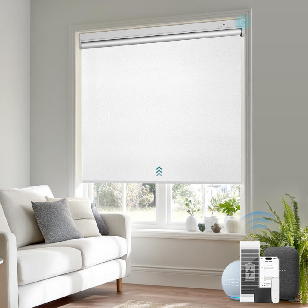 Smart Motorized Blackout Roller Blinds with Remote & Solar Panel, Cordless Electric Shades, USB-C Rechargeable