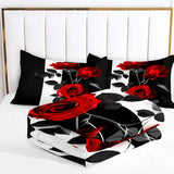 Rose Comforter Set King Black Red Bedding Set Striped Floral Bedding for Women Aesthetic Comforter with 2 Pillowcases