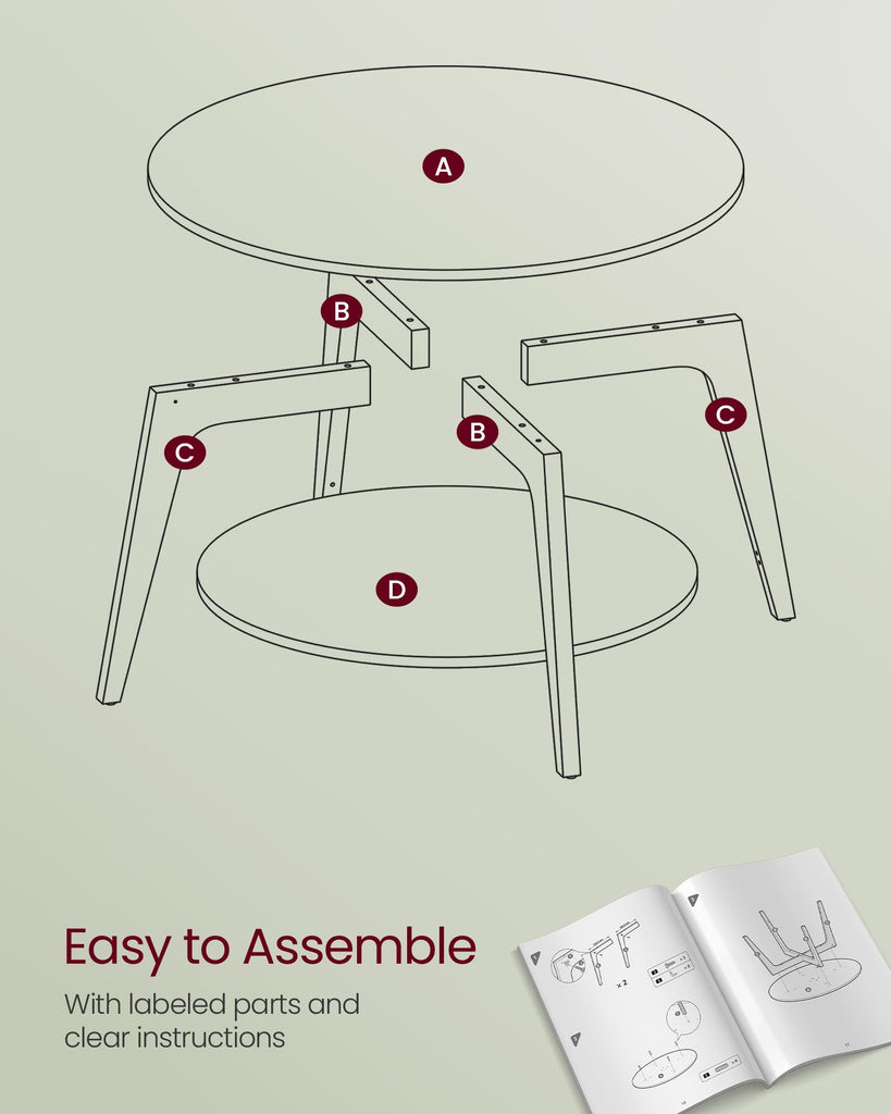 Round Coffee Table, 2-Tier Center Table with Storage, Tapered Legs