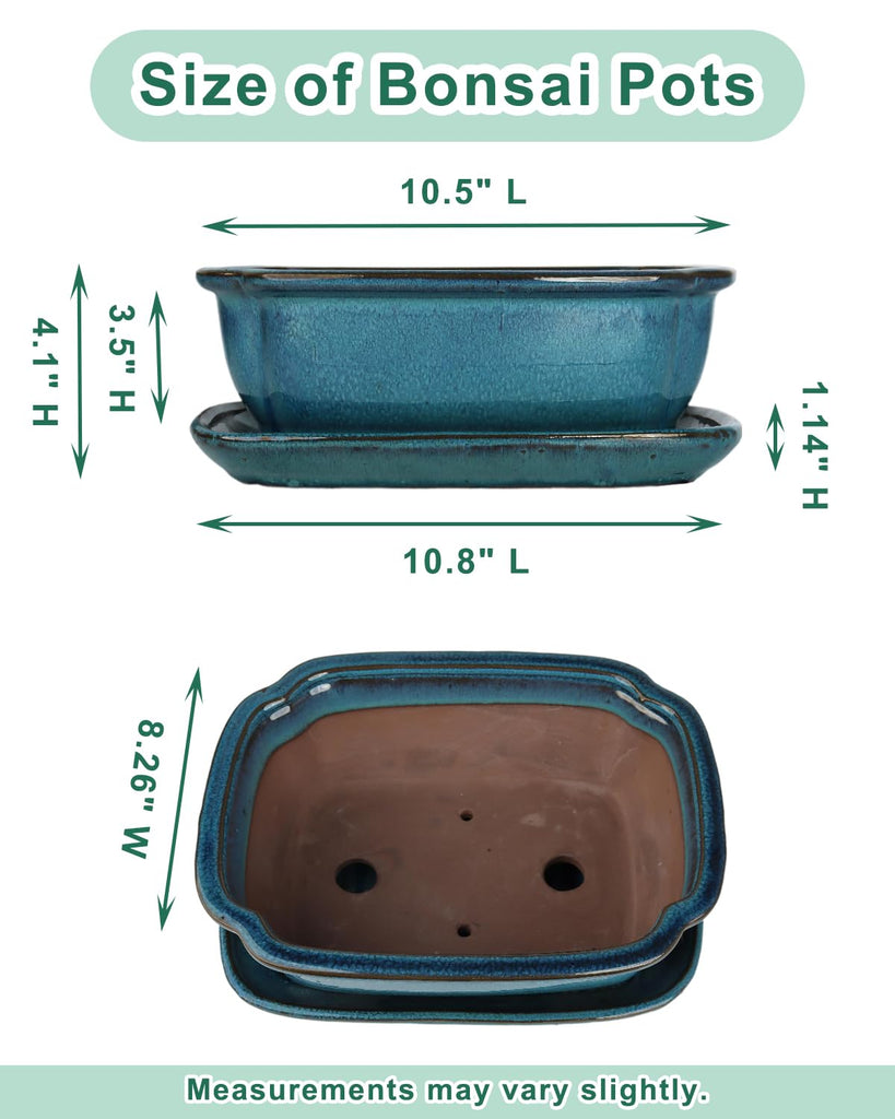 10.5 Inch Ceramic Bonsai Pot with Drainage Hole and Saucer, Blue
