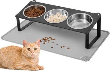Elevated Cat Bowls with Food Mat, 10°Tilted Non-Slip Raised Cat Food Water Bowls Set, 3 Thick Stainless Steel Pets