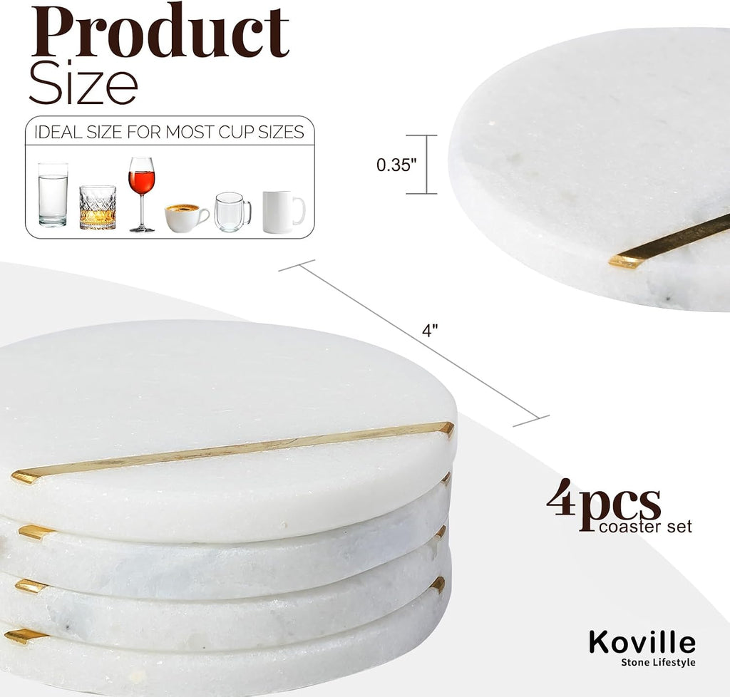 Marble Coaster, Round Coasters, 4" Stone Coaster for Drinks Coffee, White Marble with Gold Brass Coasters - Set of 4