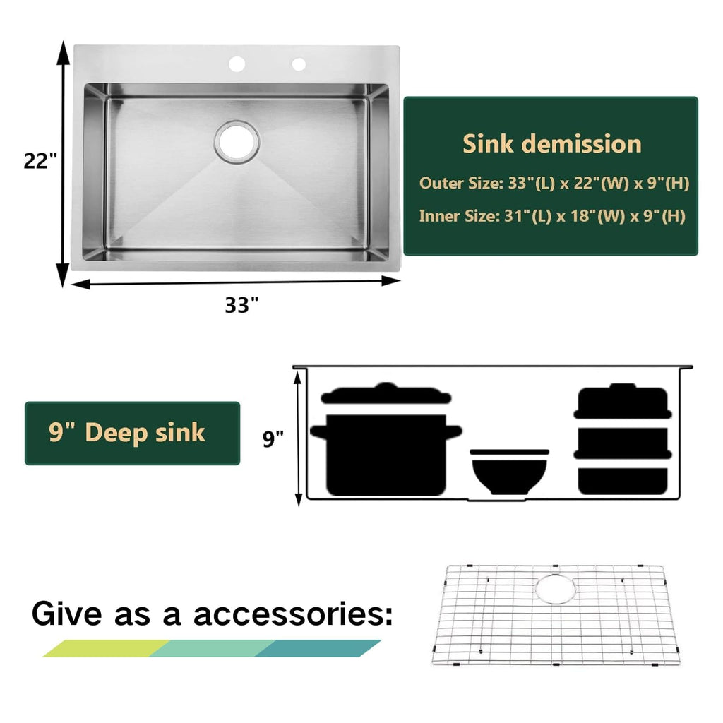 33 x 22 inch Drop in, 33 inch Topmount Stainless Steel Sink, 18 Gauge T304 Single Bowl Kitchen With Strainer