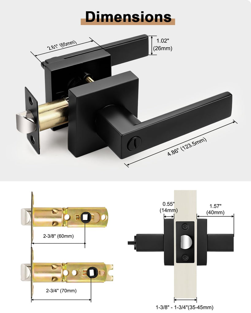 Matte Black Privacy Door Handles, 1 Pack Solid Zinc Alloy Square Interior Door Levers with Lock Bathroom Office