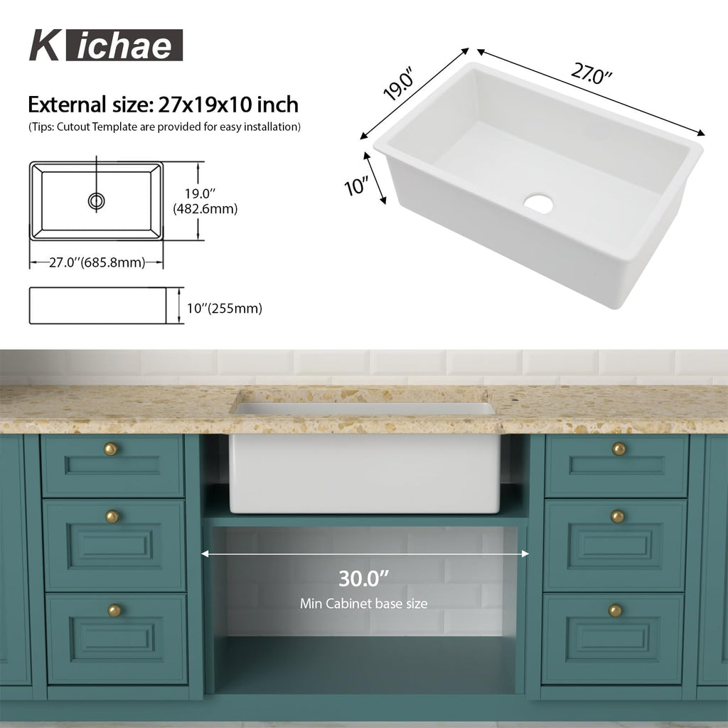 27 Inch White Undermount Sink Fireclay 27x19 Inch Dual Drop in & Undermount Single Bowl Deep Porcelain Ceramic