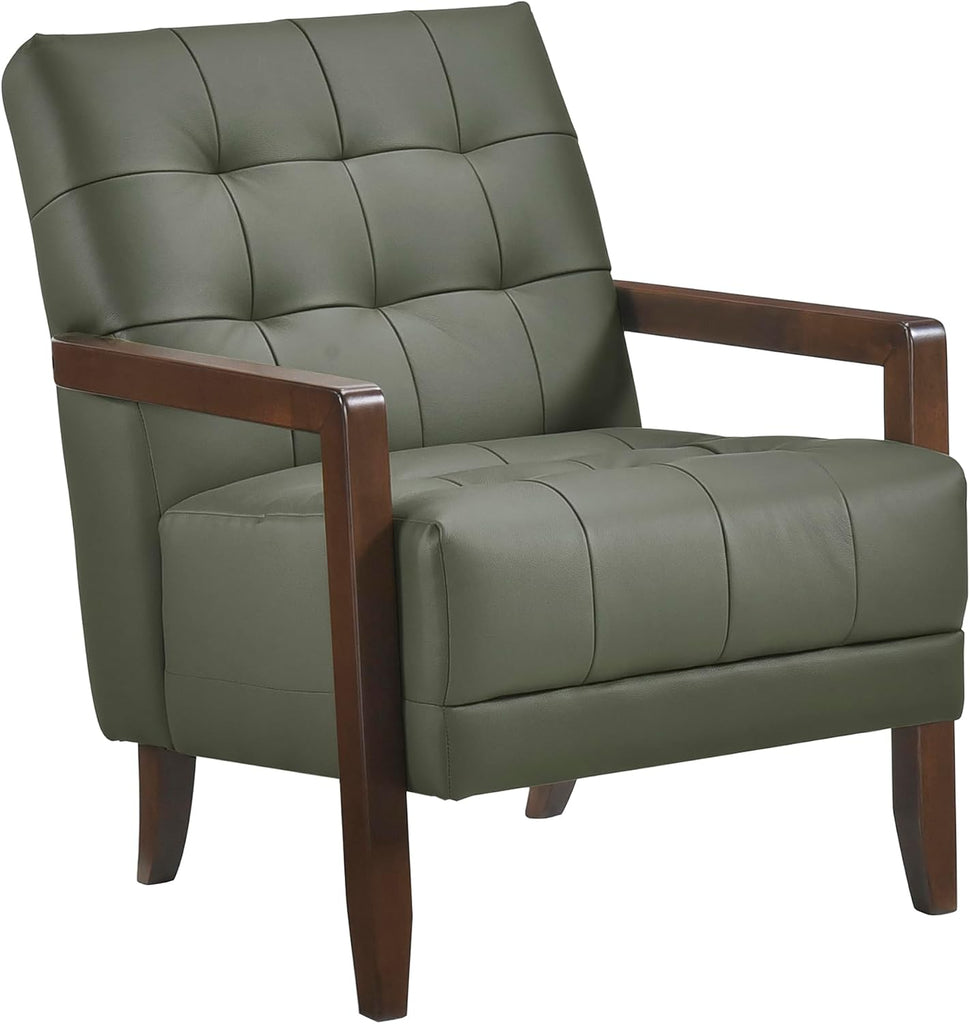 Modern Leather Match Accent Chair,Tufted,Solid Wood Arms,Green