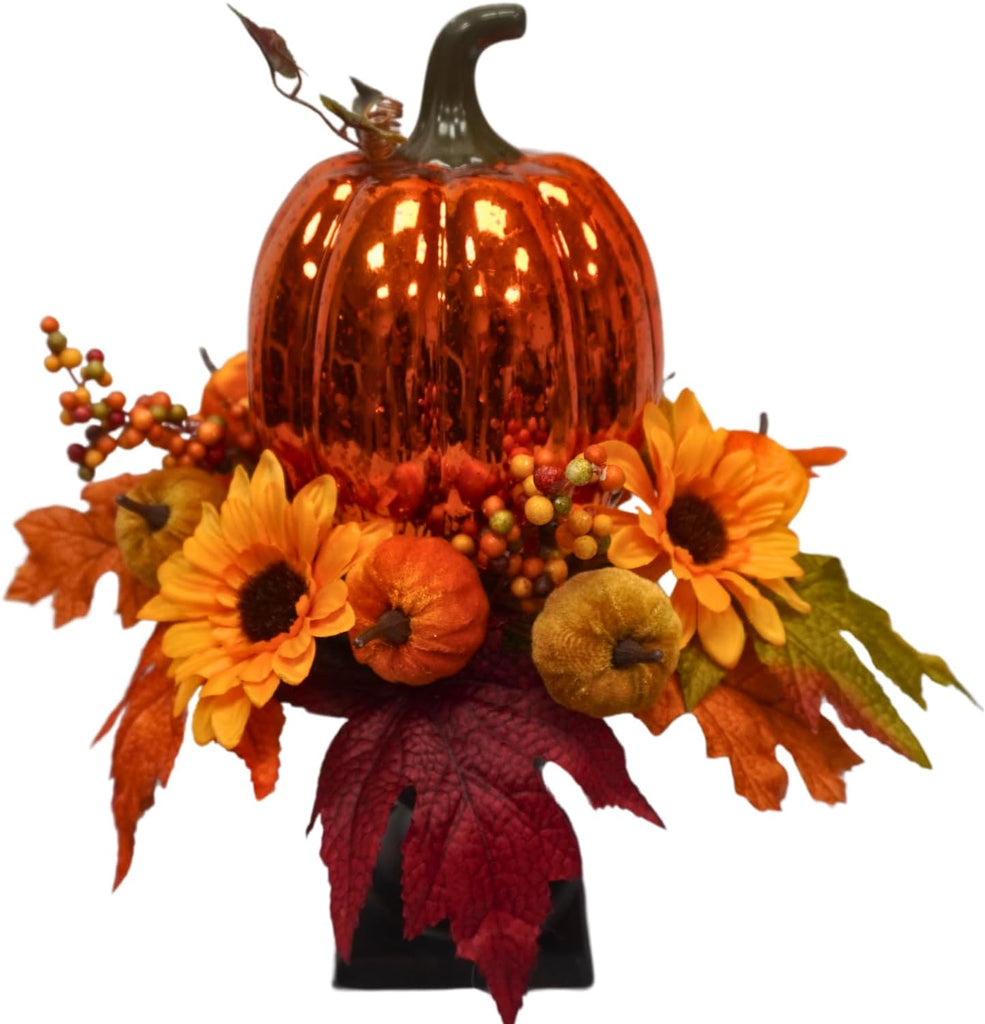 15 Inch Lighted Fall Pumpkin Arrangement with Pumpkin, Daisies | 15 LEDs with Mercury Glass-Style Pumpkin, Mini