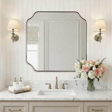 24"x24" Brushed Nickel Square Mirror, Silver Bathroom Mirror for Wall, Modern Scalloped Mirror in Anti-Rust Stainless