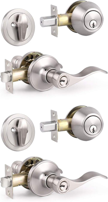 2 Sets of Front Exterior Door Knob Set with Single Cylinder Deadbolts in Satin Nickel Finish, All Keyed Same Combo