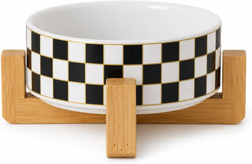 Checkered Ceramic Dog Bowl with Wood Stand, Black and White Dog Food and Water Bowl Set, Elevated Puppy Food Bowls