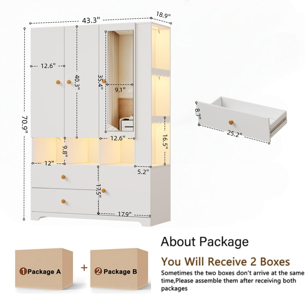 3‐Door Armoire Wardrobe Closet, 71" Bedroom Cabinet with Mirror