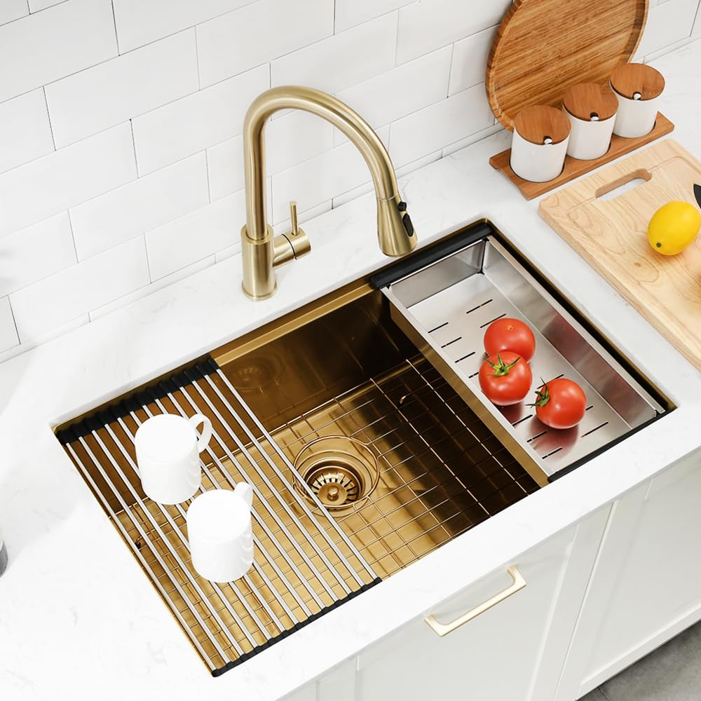 30 Inch Undermount Gold Kitchen Sink, 30x19 Undermount Workstation Sink 16 Gauge Stainless Steel Single Bowl