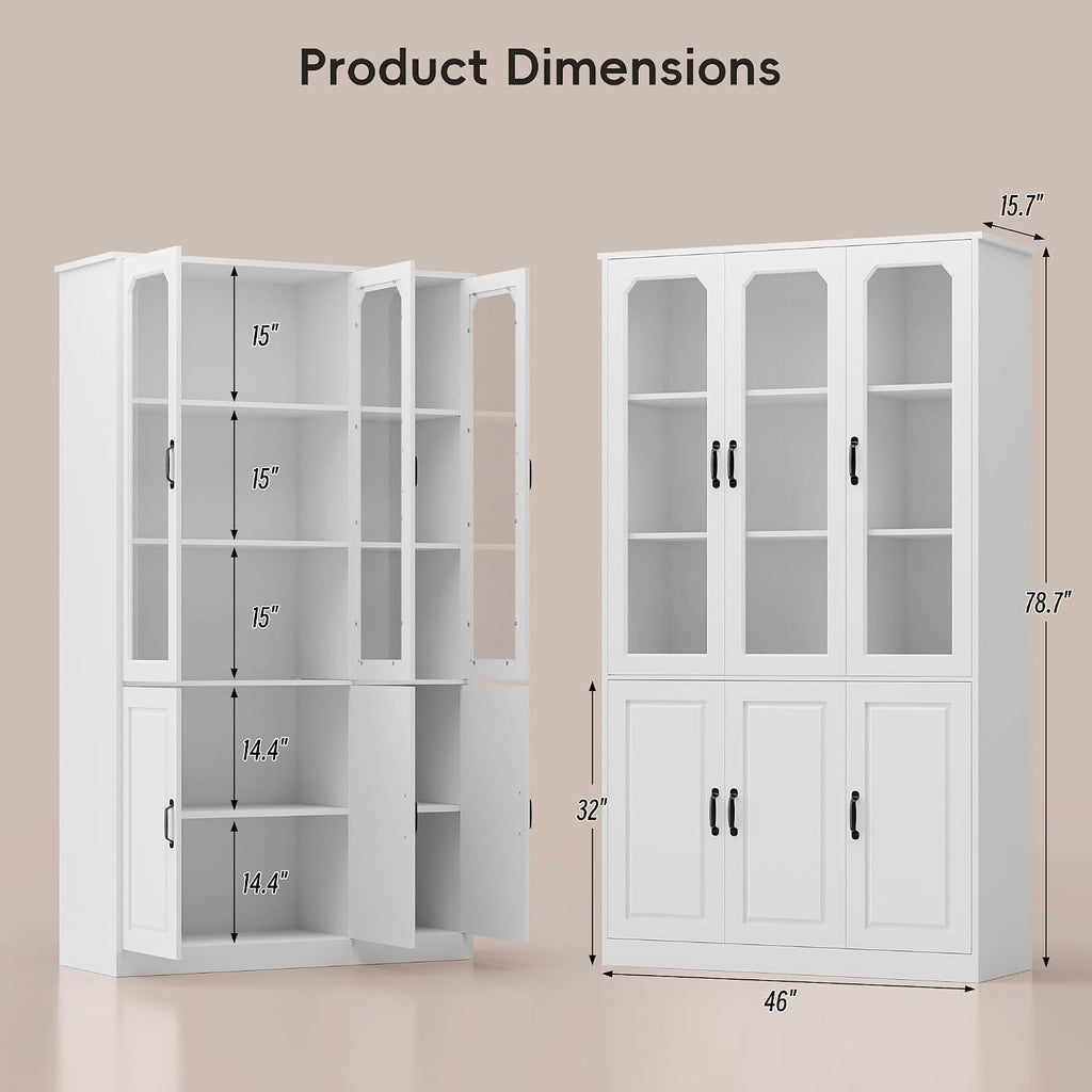 MU 78.7" Tall Kitchen Pantry with 3 Glass Doors, Freestanding China Cabinet with Adjustable Shelves, Large Kitchen