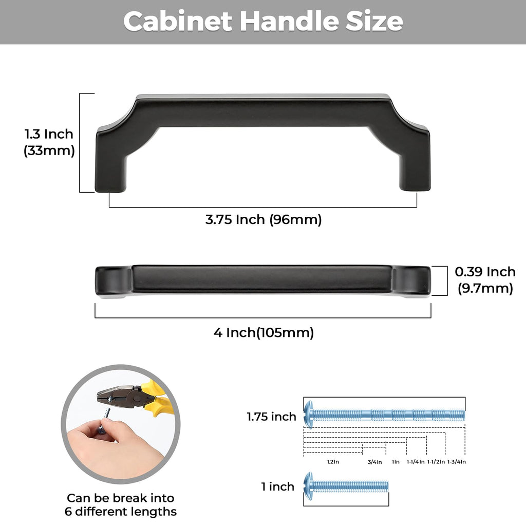 10 Pack Black Cabinet Handles, 3-3/4" Solid Kitchen Drawer Pulls