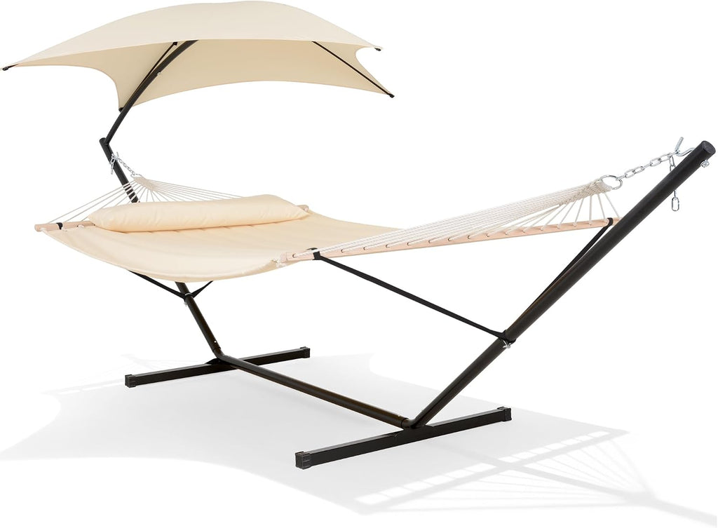Portable Outdoor Hammock with Stand, Sun-Protective Canopy, Beige | Double Hammock with Stand for Outside, Patent