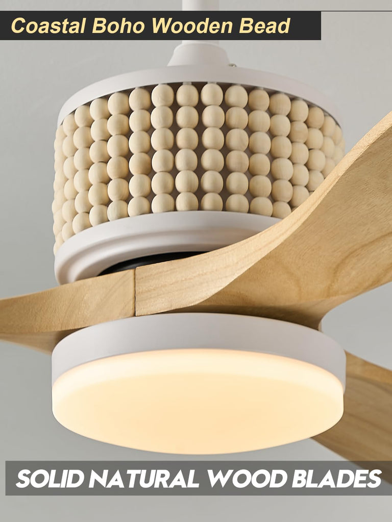 60in Boho White Ceiling Fan Lights with Remote Control 3 Blade Wood Bead Ceiling Fans with Light Coastal Natural Wood
