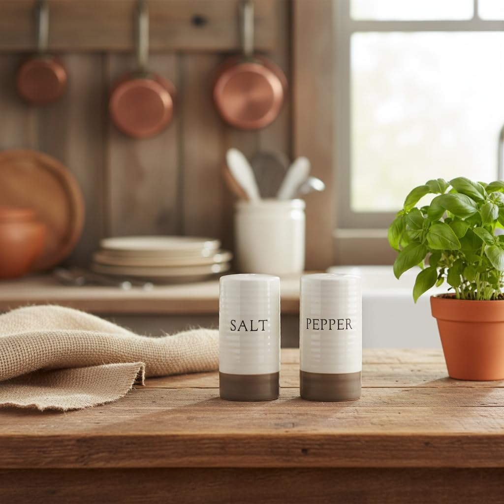 Farmhouse Mini Ceramic Salt and Pepper Shaker Set - Cute Kitchen Table Accessories and Decor, Small 3-Inch Modern - Set of 2