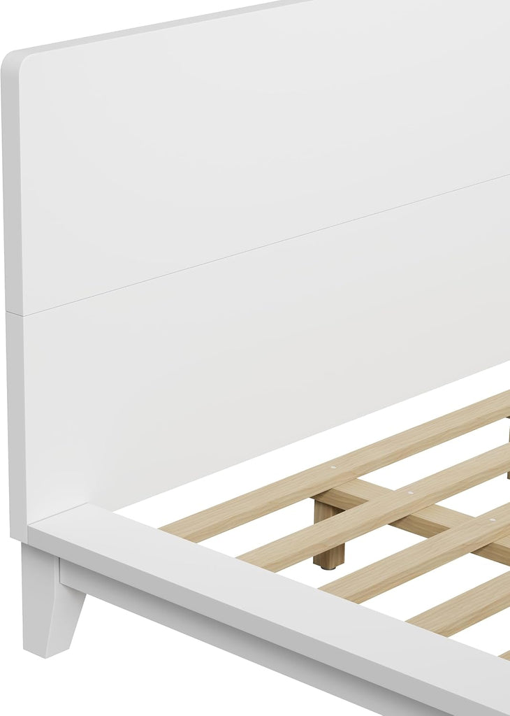 King Size Wooden Bed Frames with White Headboard, Japanese Pine Wood Platform Bed, Rustic & Mid-Century Modern