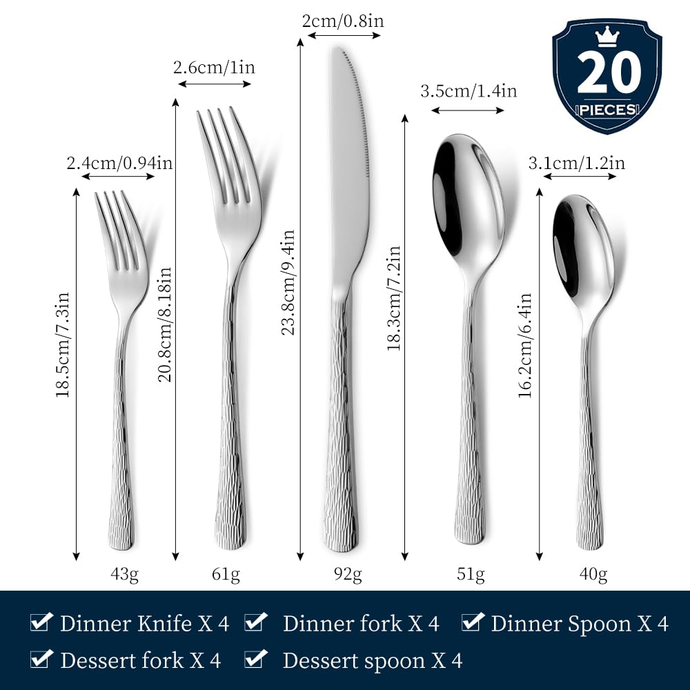 Black Hammered Silverware Set, Heavy Duty Flatware Set, 18/10 Stainless Steel Premium Cutlery with Unique Ripple