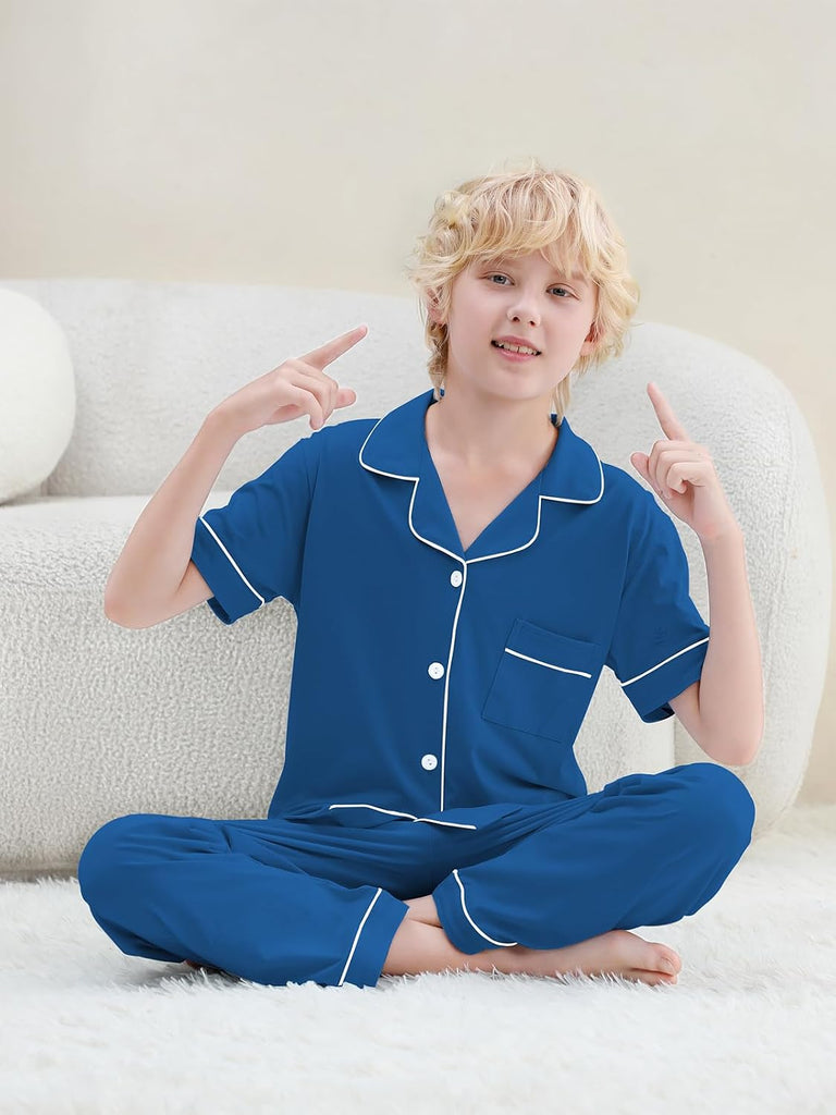 Boys 100% Cotton Pajamas Short Sleeve and Long Pants Piece PJ Set