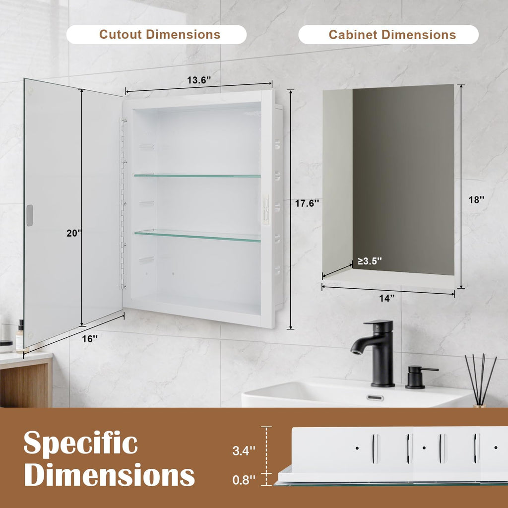 16x20'' Bathroom Medicine Cabinet Mirror with Storage, Surface Mount or Recessed Medicine Cabinet with 3-Tiered