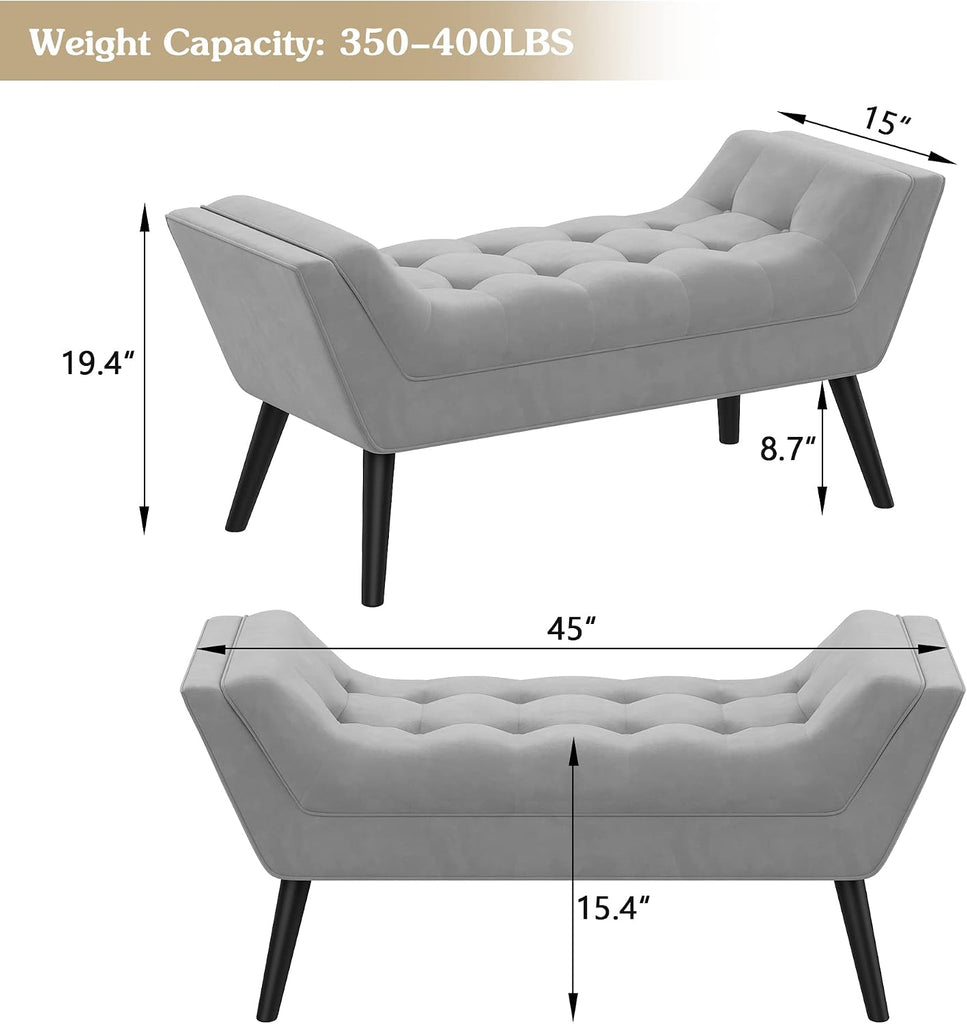 Tufted Bed Bench Fabric Ottoman Footstools for Bed Room -Gray