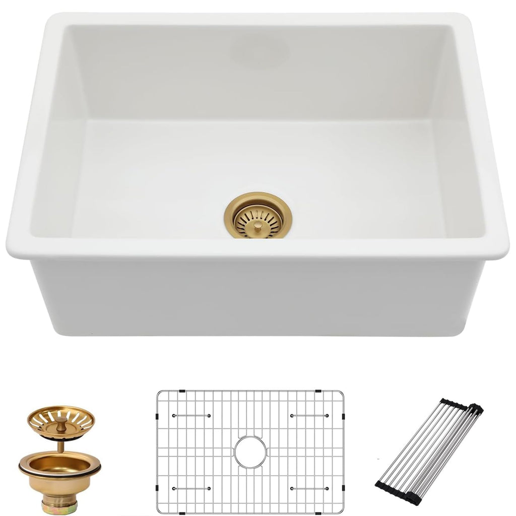 27 Inch White Undermount Sink Fireclay 27x19 Inch Dual Drop in & Undermount Single Bowl Deep Porcelain Ceramic