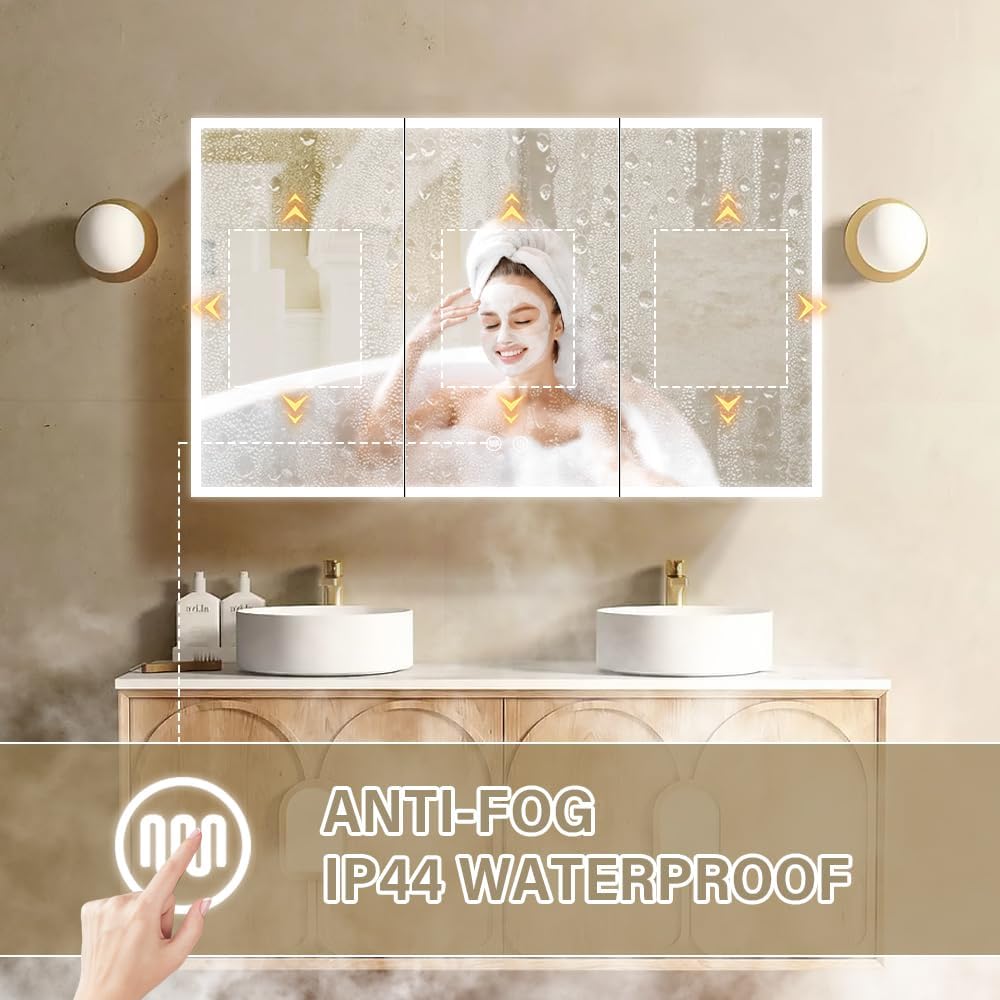 White LED Mirror Medicine Cabinets, Surface Mounted 40 x 24 Inch Bathroom Mirror Cabinet with Lights 3 Colors