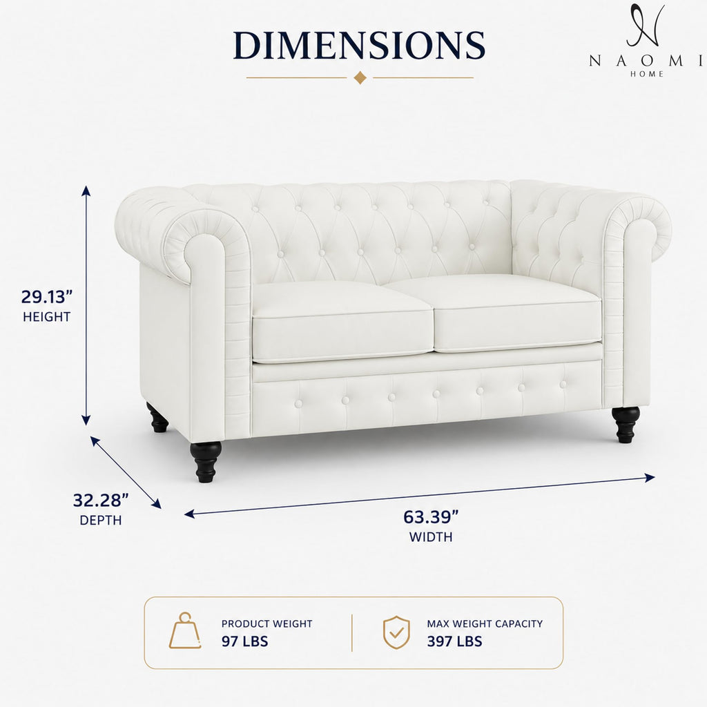 Emery Chesterfield Faux Leather Loveseat, White