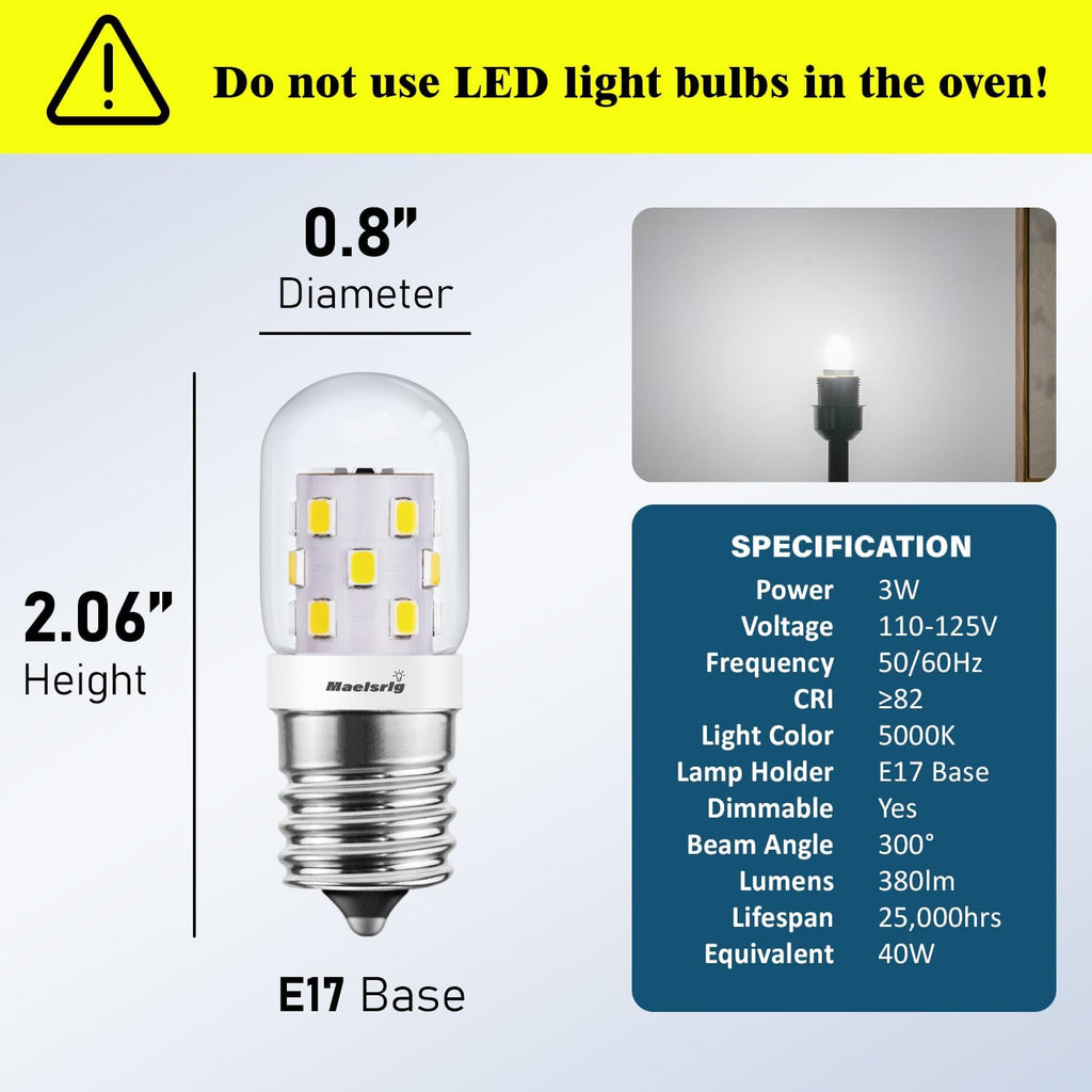 LED Microwave Light Bulbs Under Hood 40W Equivalent, E17 LED Bulb Dimmable for Range Hood, 3W 380 Lumens, LED