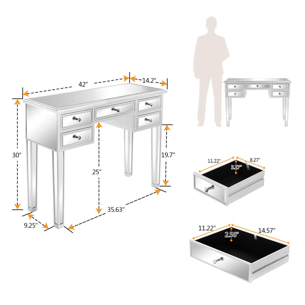Mirrored Vanity Desk with 5 Drawers, Modern Console Table/Sofa Table/Makeup Table (Silver, 41'' x 14'' x 30'')
