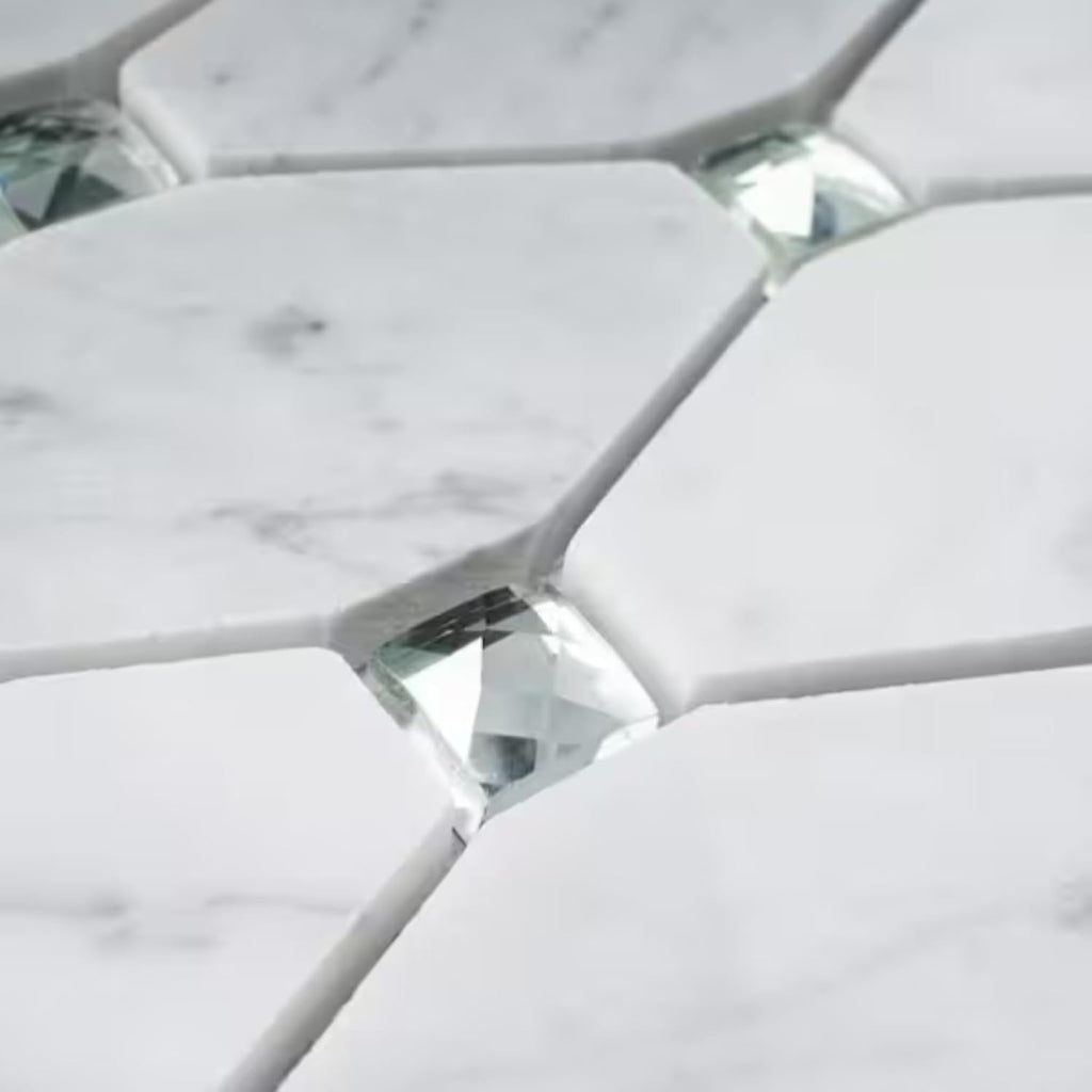 Premium Carrara Diamond Insert Decorative Marble Mosaic Sheet Kitchen Backsplash Wall and Floor, Spa, Pool (Box of 5