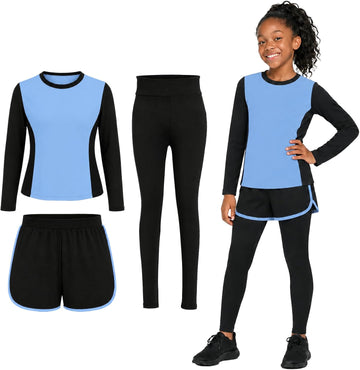 Girls 3 Piece Workout Sets, Long Sleeve Top, Shorts and Leggings