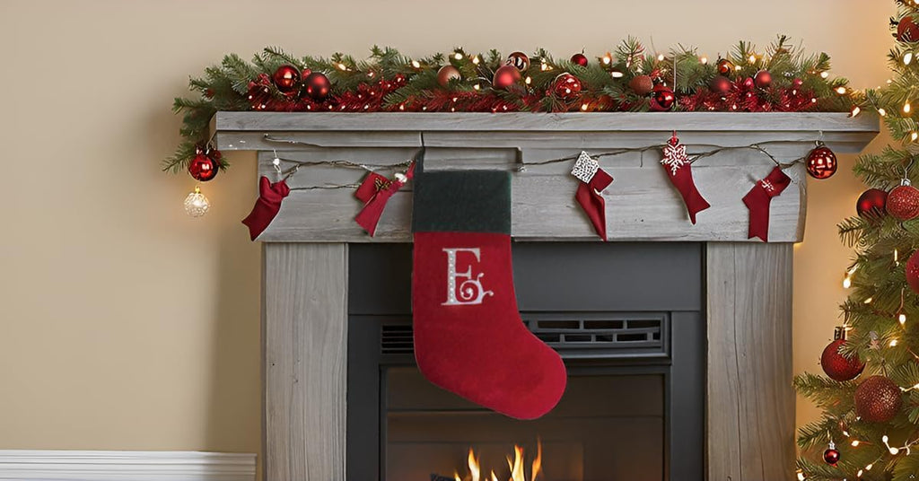 Red and Green Velvet Rhinestone Monogram Christmas Stocking - E
