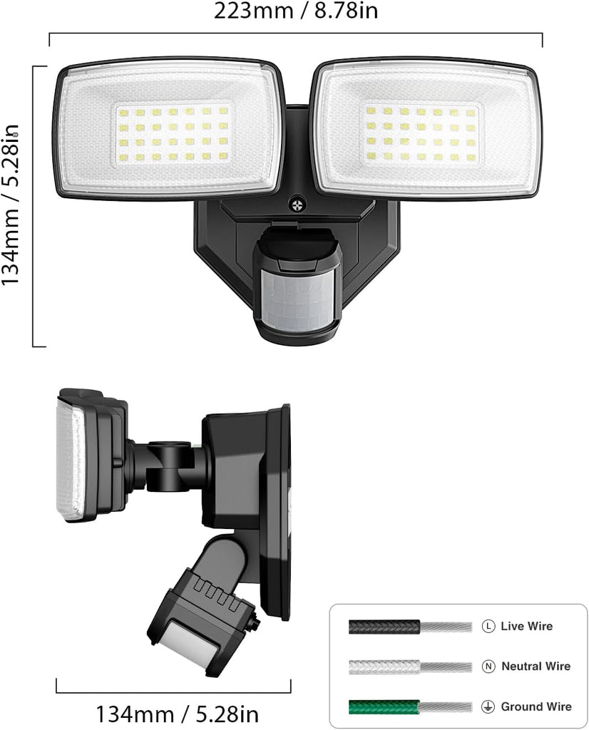 32W 2 Head Motion Sensor Outdoor Lights, 3200LM 6500K Hardwired LED Security Light, Dusk to Dawn, Motion Detector