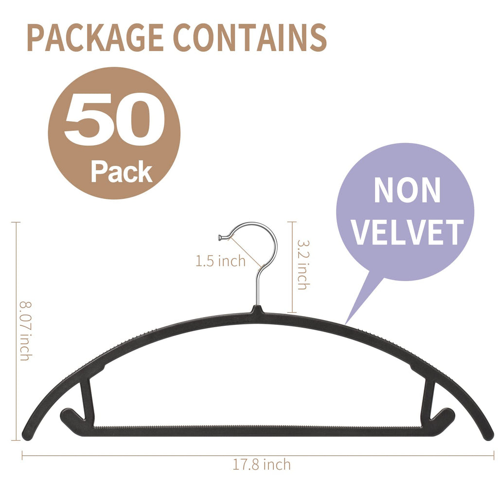 Ergonomic Curved Plastic Hangers 50 Pack No-Bump Black, Heavy Duty