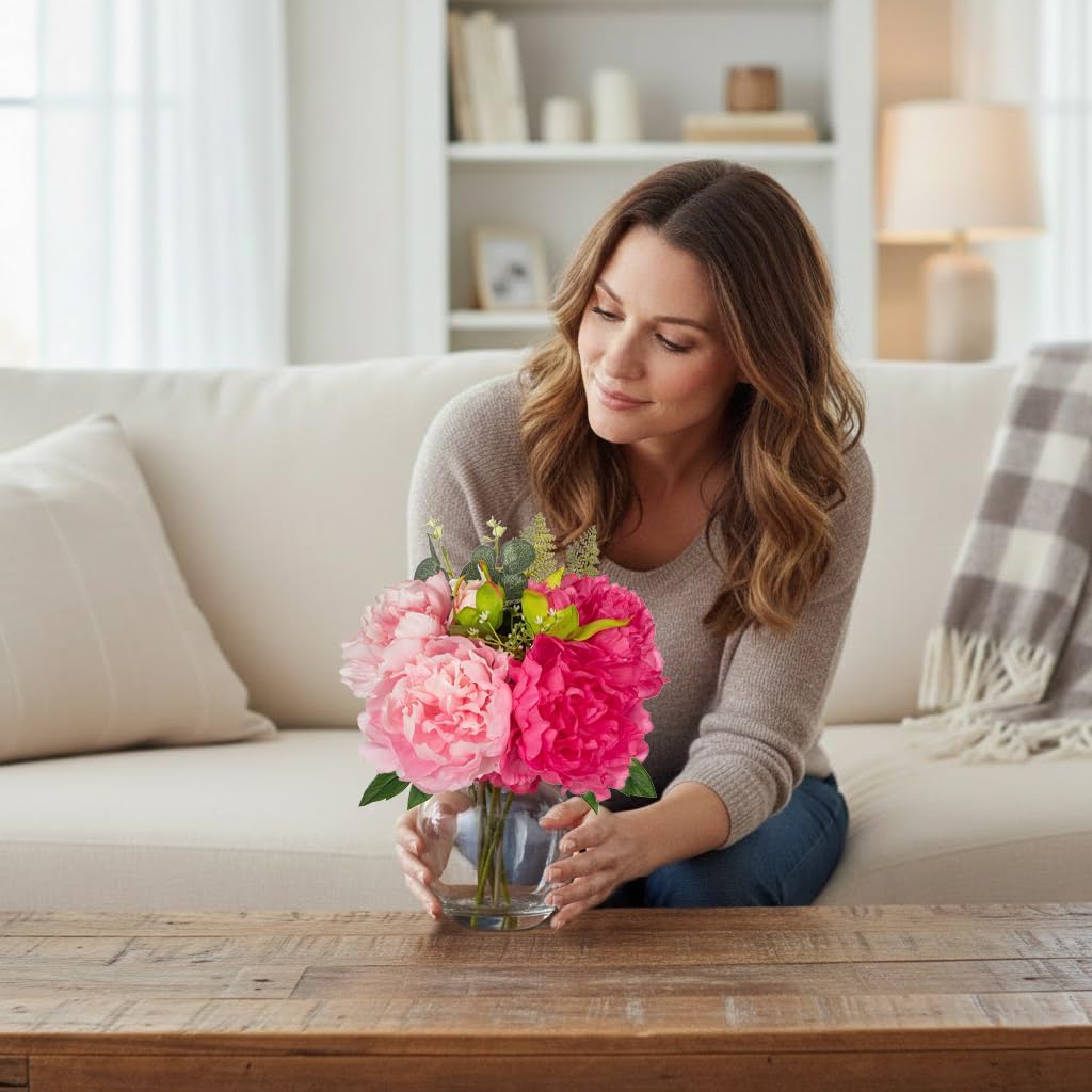 Fake Flower Arrangements in Vase Pink Peonies Artificial Flowers Peony Bouquet Silk Floral Flower with Glass Vase - Set of 4