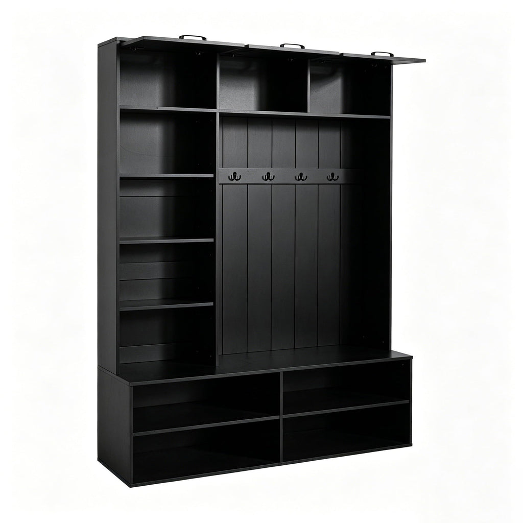 59" W Farmhouse Black Hall Tree with Bench and Shoe Storage, Entryway Bench with Coat Rack and Hooks, Modern Entryway