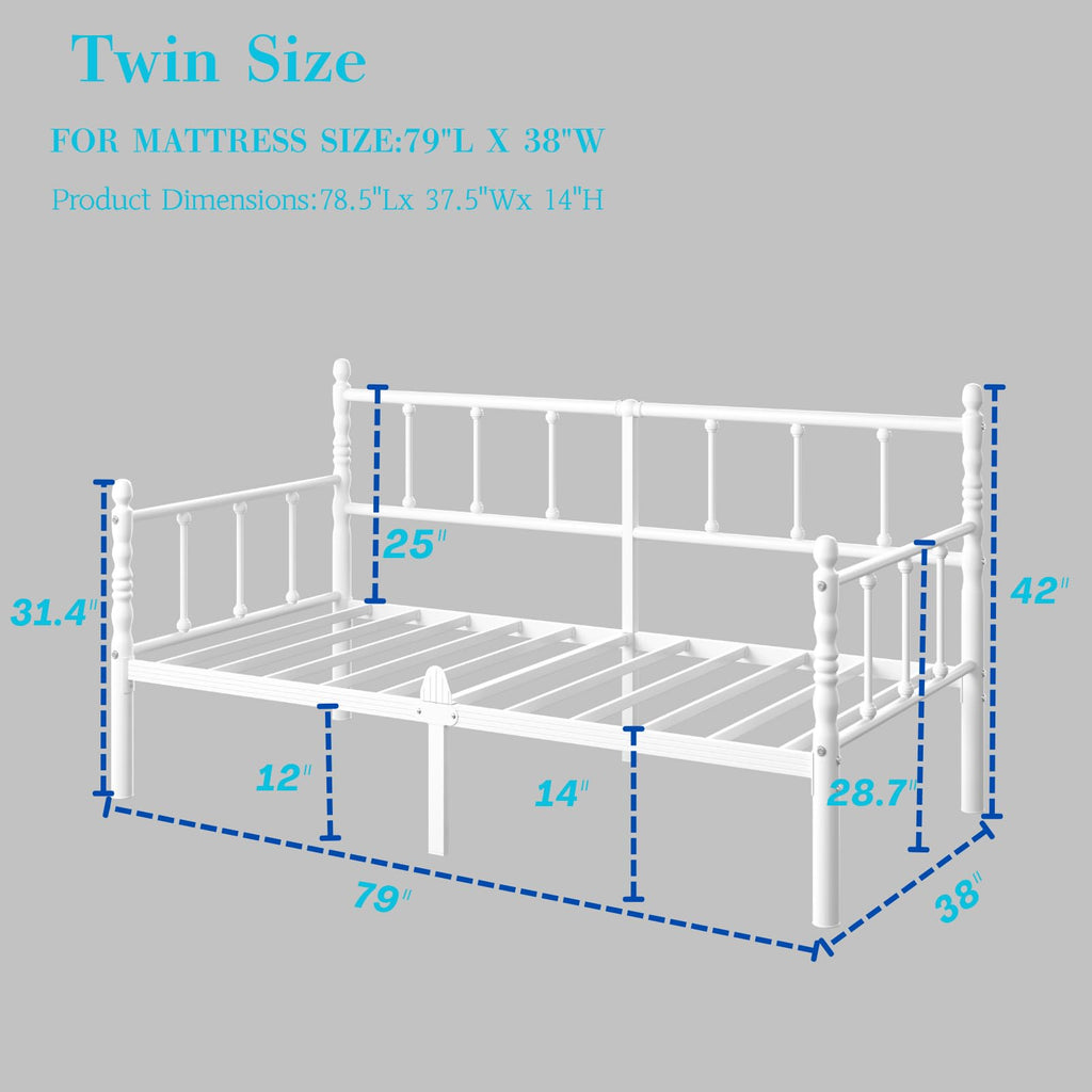 14 Inch Vintage Twin Daybed, Metal Sofa Bed with Storage, White