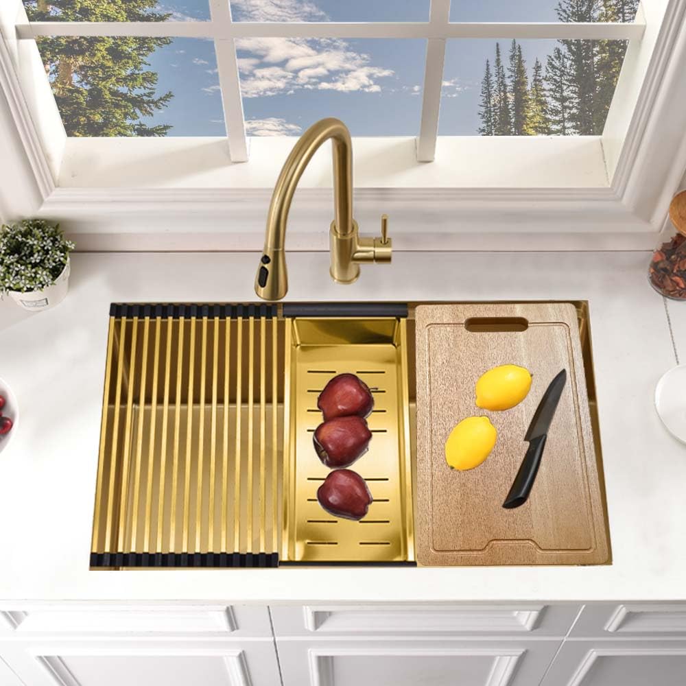25x19 Gold Undermount Kitchen Sink Workstation 16 Gauge Stainless