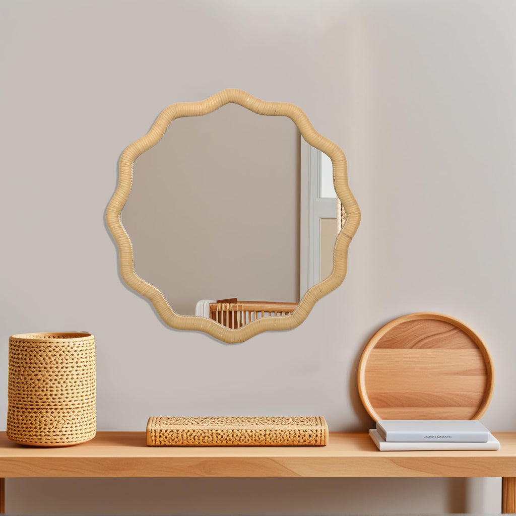 20" Round Rattan Wall Mirror, Scalloped Wavy Wicker Frame