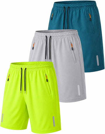 Boys Athletic Shorts Pack, Kids Lightweight Quick Dry Shorts with Zipper Pockets for Basketball, Soccer