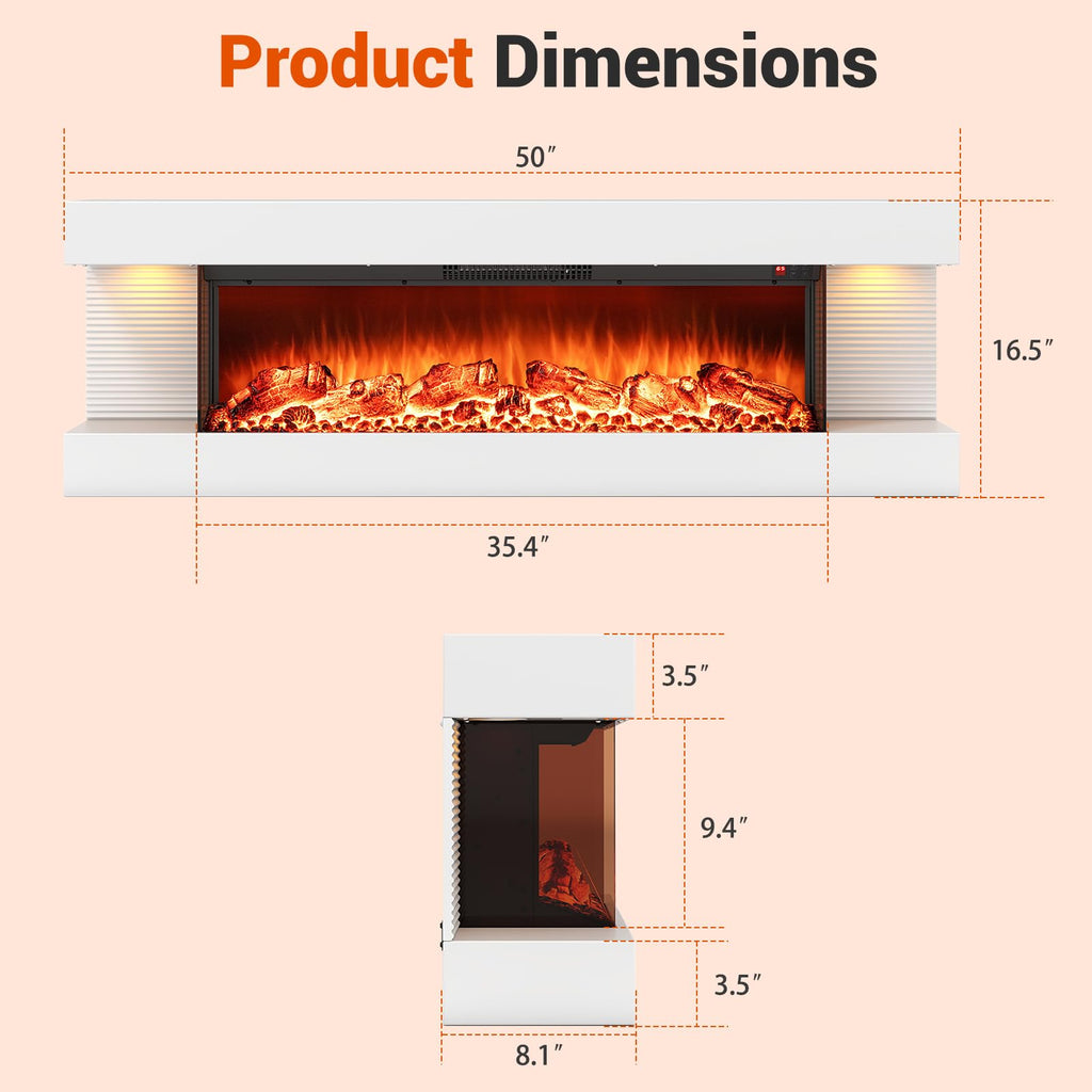 3 Sided Wall Mount Electric Fireplace w/ 50" Floating Mantel, White
