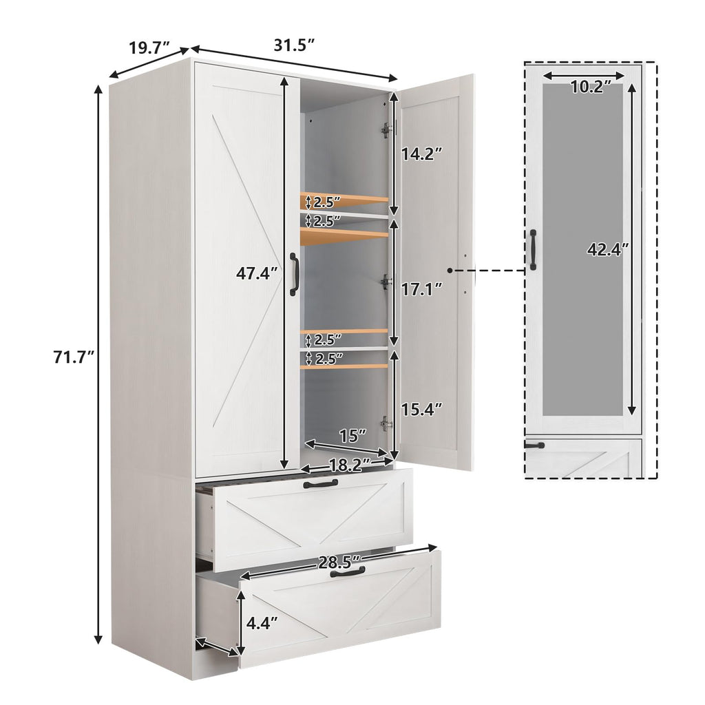 72" Armoire Wardrobe Closet with Mirror Door and LED Lights, Farmhouse Bedroom Armoire with Drawers and Adjustable