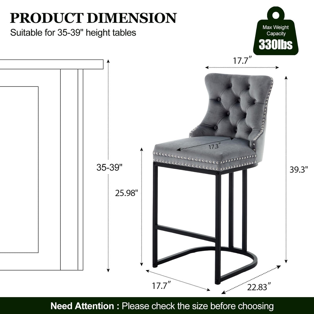 Counter Height Bar Stools Set of 2, 26" Modern Barstools with Back, Velvet Upholstery Counter Chairs with Metal Legs